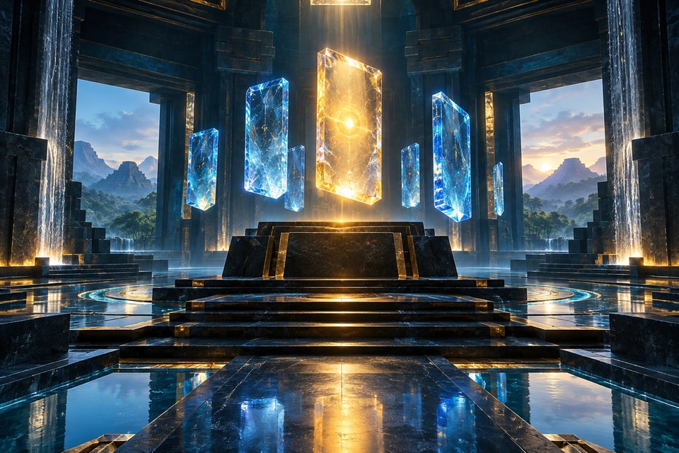 Separate blue crystal tablets surround one chosen golden tablet.