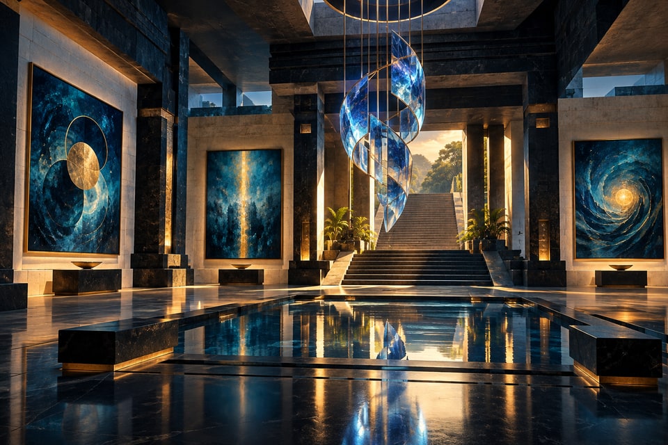 Abstract paintings and a blue crystal sculpture in a quiet temple gallery.