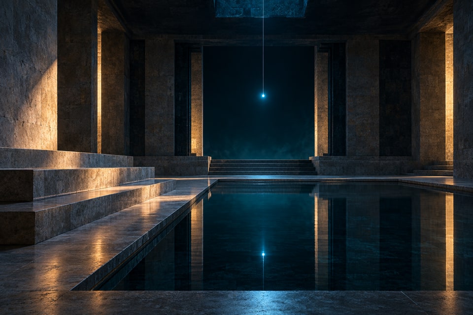 An open stone sanctuary, still water and one small blue light.